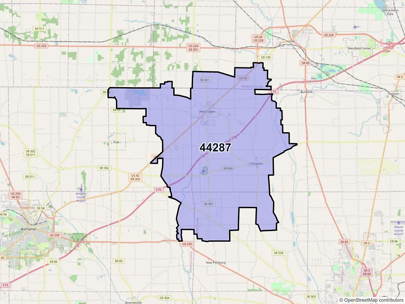 Map of West Salem, Ohio and ZIP codes