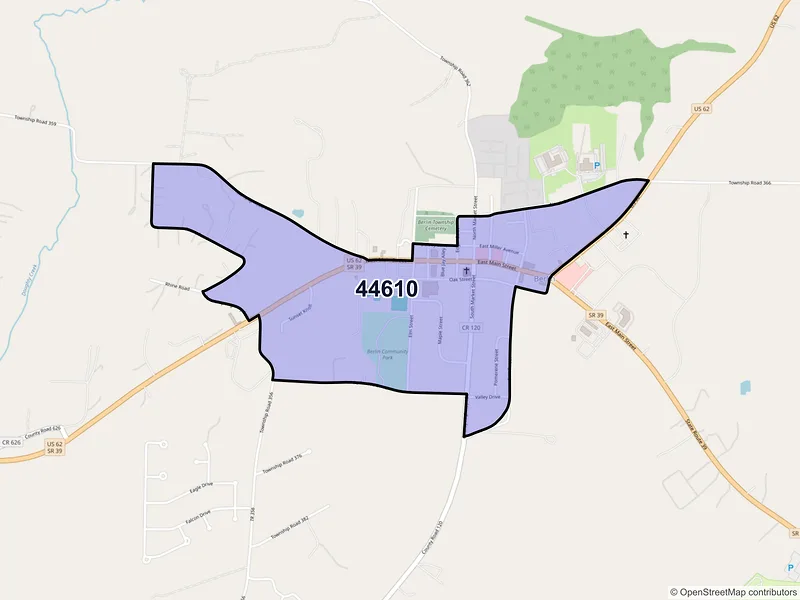 Map of Berlin, Ohio and ZIP codes