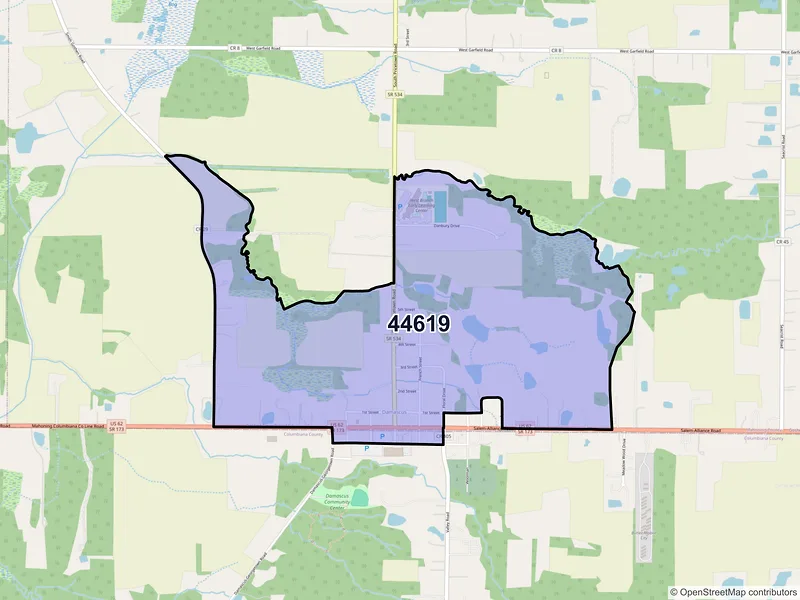 Map of Damascus, Ohio and ZIP codes
