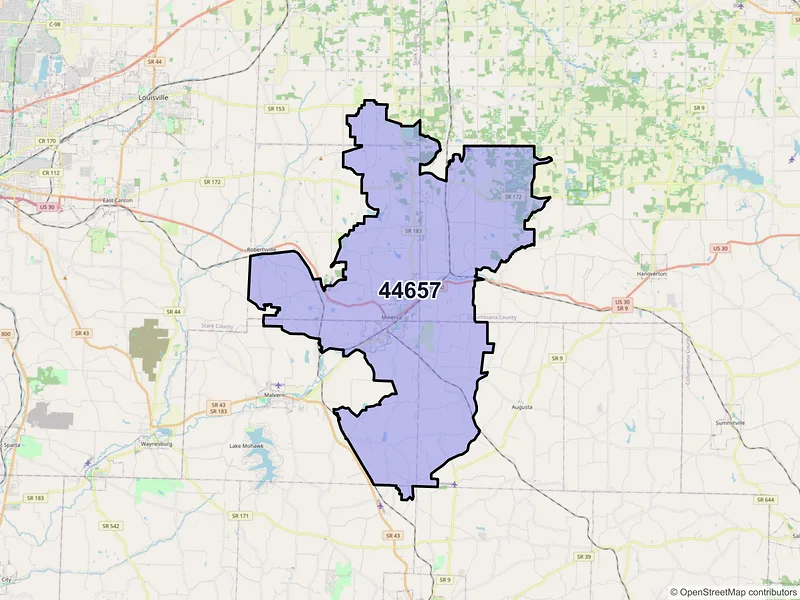 Map of ZIP Code 44657 — Minerva, OH