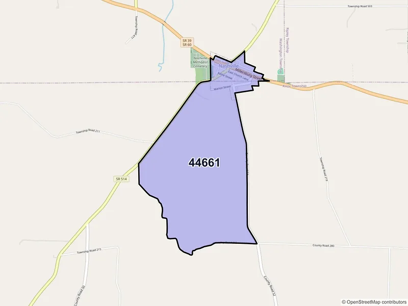 Map of Nashville, Ohio and ZIP codes