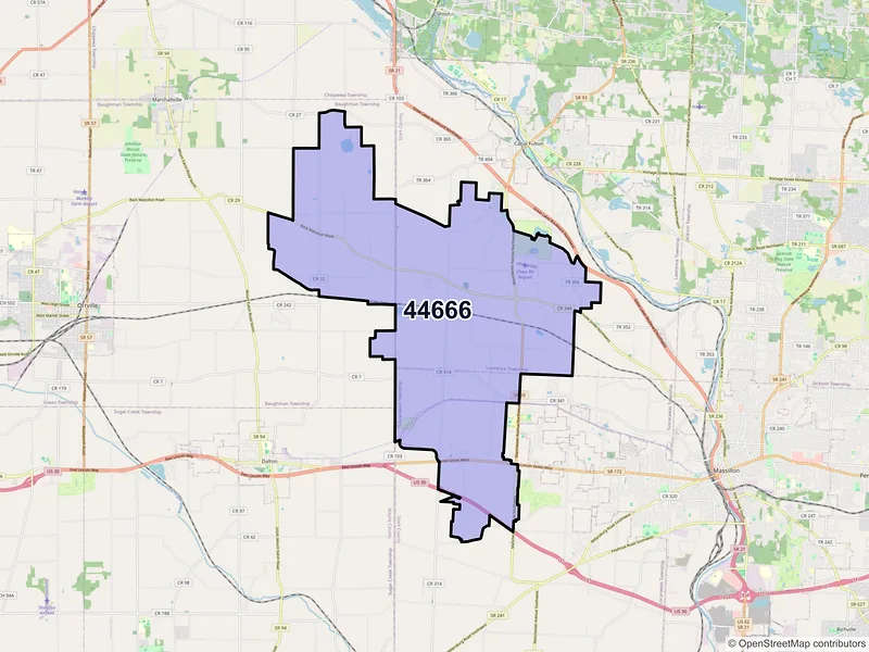 Map of North Lawrence, Ohio and ZIP codes