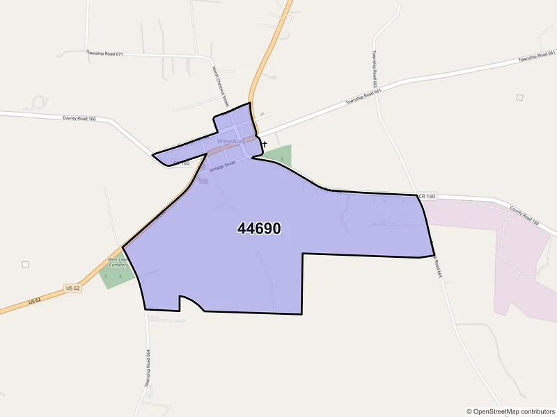 Map of Winesburg, Ohio and ZIP codes