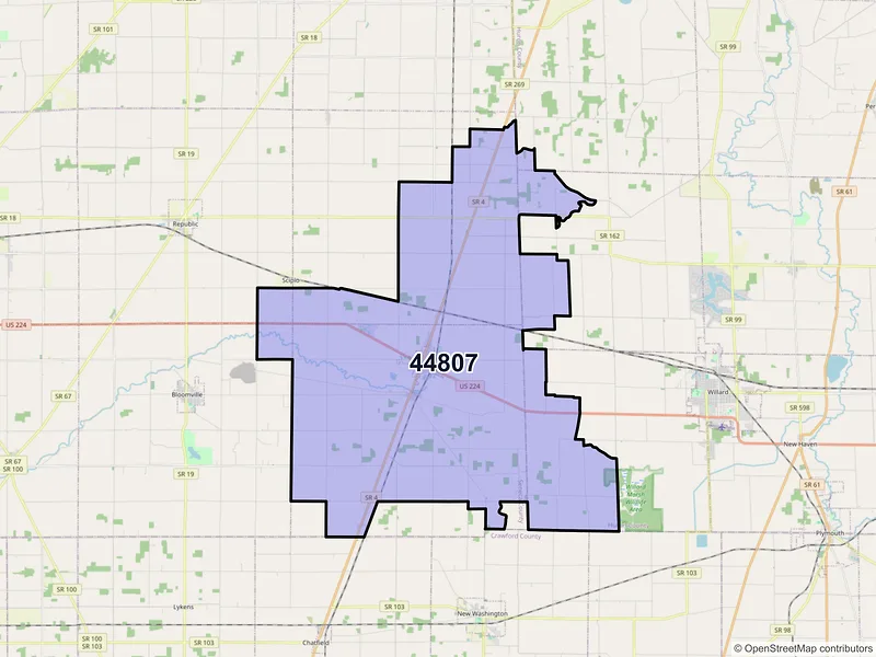 Map of Attica, Ohio and ZIP codes