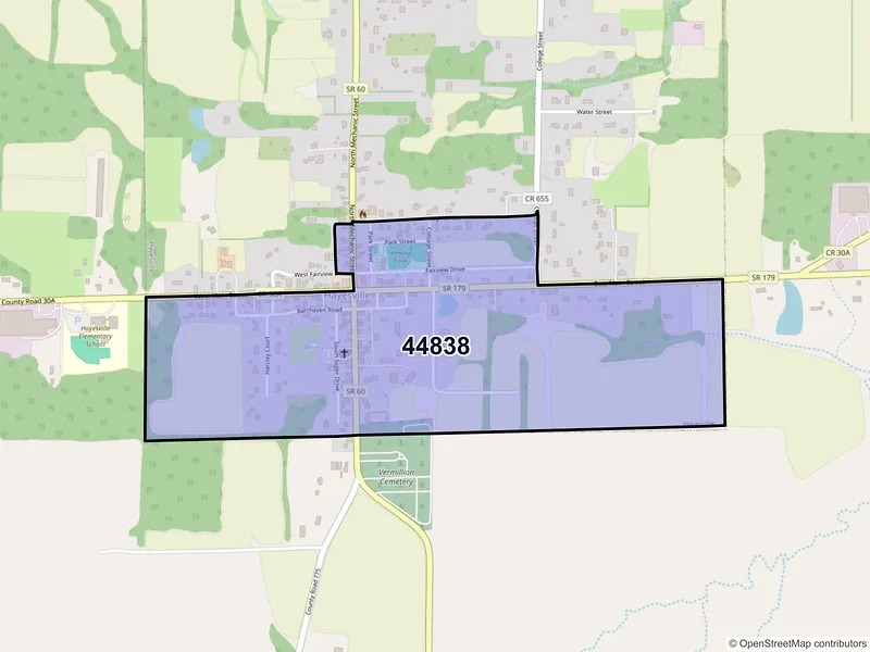 Map of Hayesville, Ohio and ZIP codes