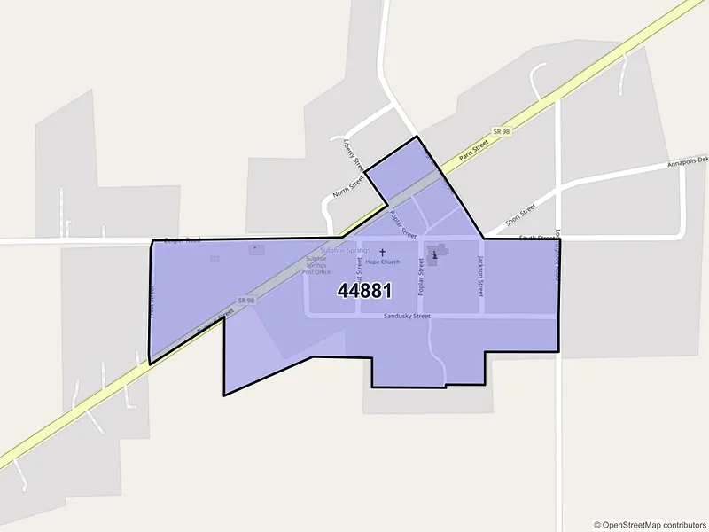 Map of Sulphur Springs, Ohio and ZIP codes