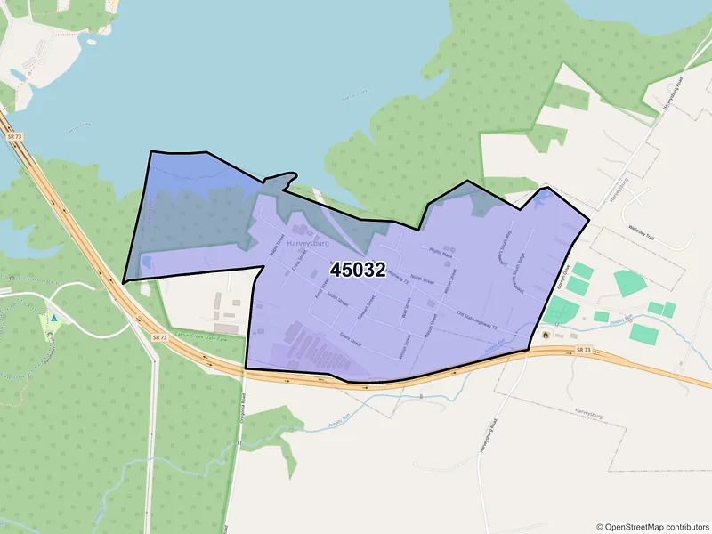 Map of Harveysburg, Ohio and ZIP codes