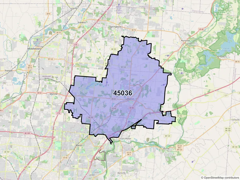Map of Lebanon, Ohio and ZIP codes