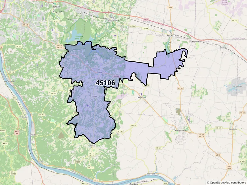 Map of Bethel, Ohio and ZIP codes