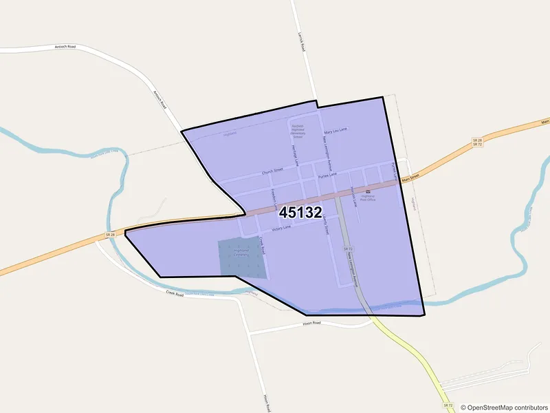 Map of Highland, Ohio and ZIP codes