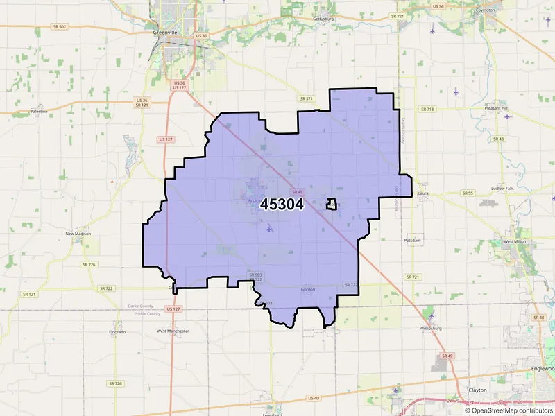 Map of ZIP Code 45304 — Arcanum, OH