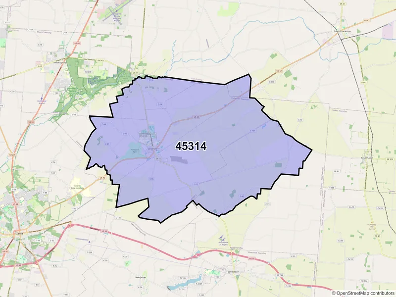 Map of Cedarville, Ohio and ZIP codes