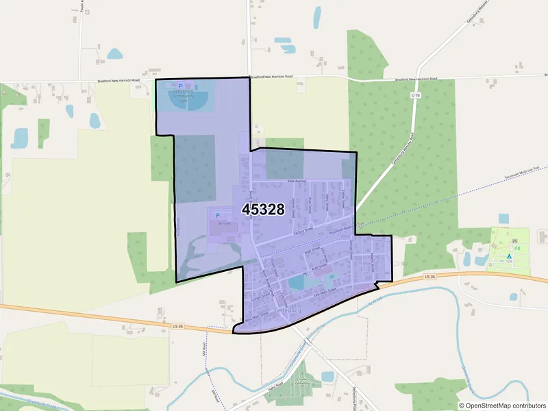 Map of Gettysburg, Ohio and ZIP codes