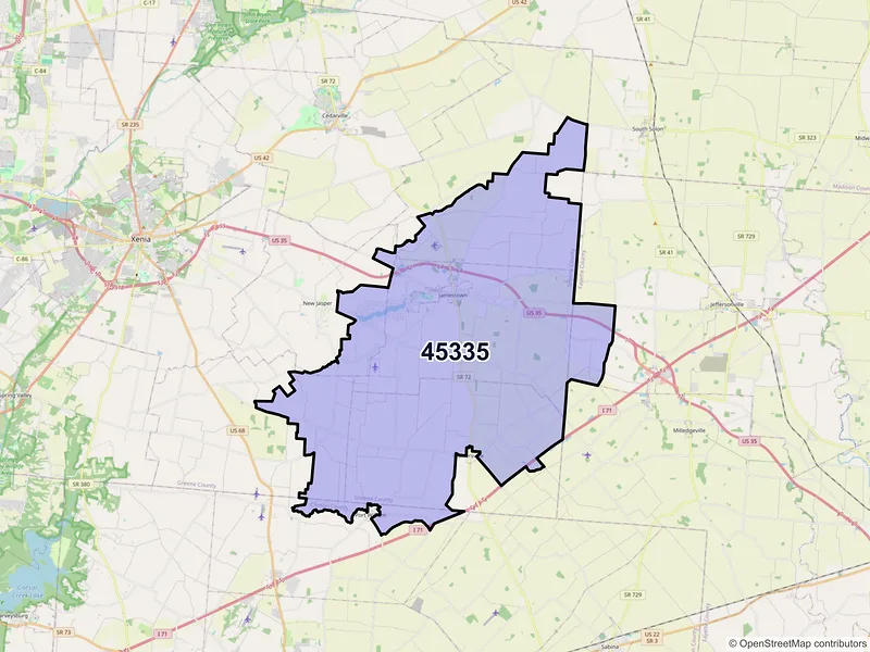 Map of Jamestown, Ohio and ZIP codes