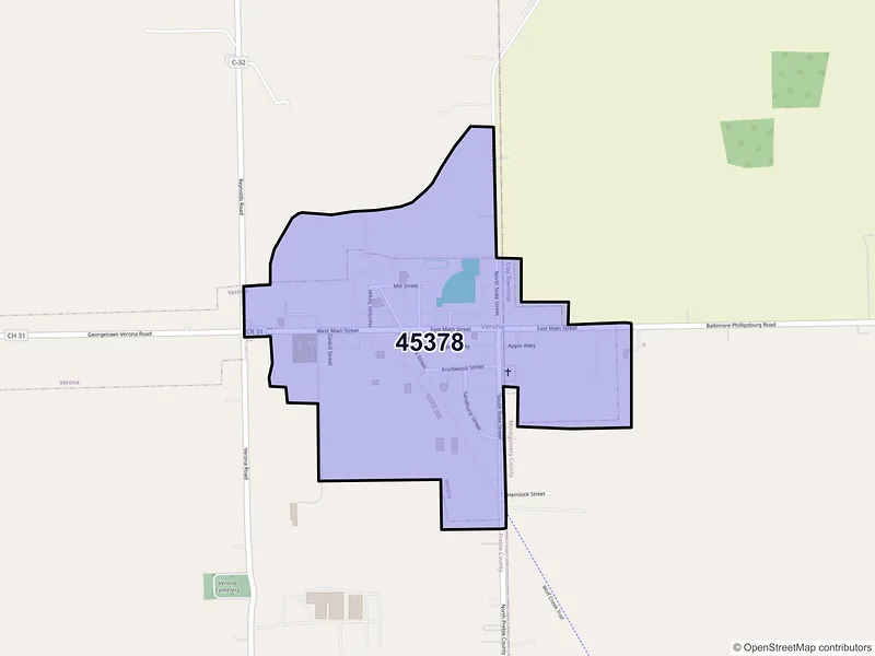Map of Verona, Ohio and ZIP codes