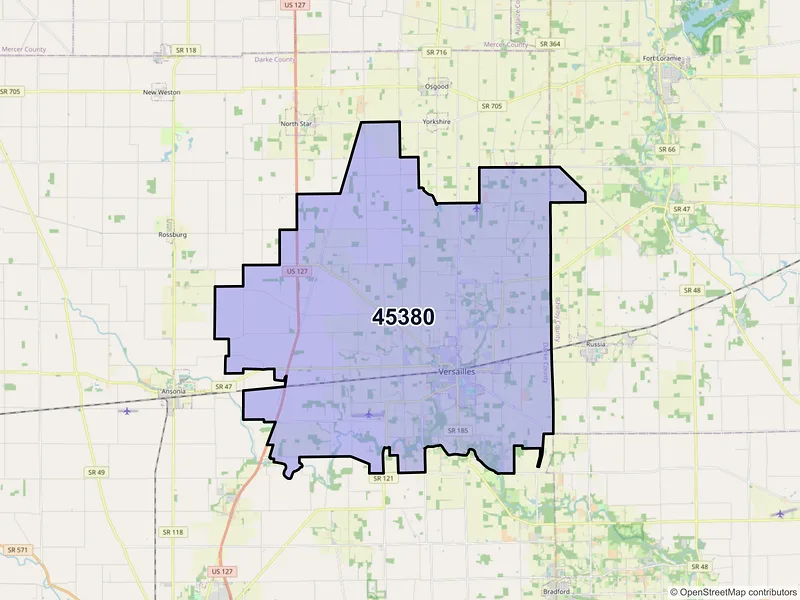 Map of Versailles, Ohio and ZIP codes