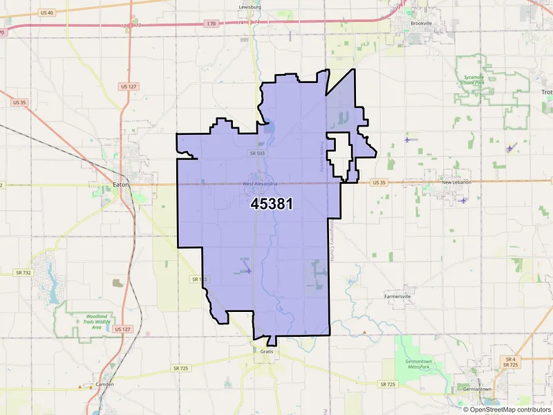 Map of ZIP Code 45381 — West Alexandria, OH