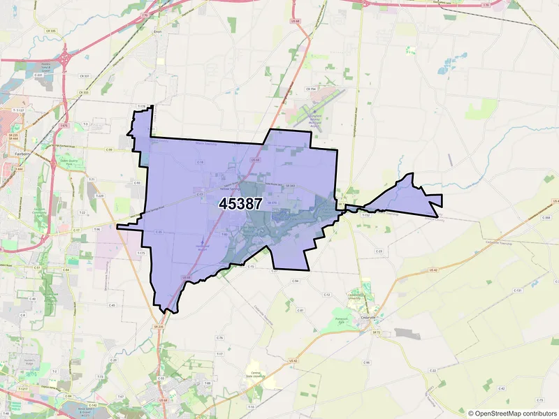 Map of Yellow Springs, Ohio and ZIP codes