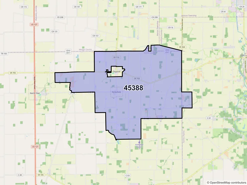 Map of ZIP Code 45388 — Yorkshire, OH