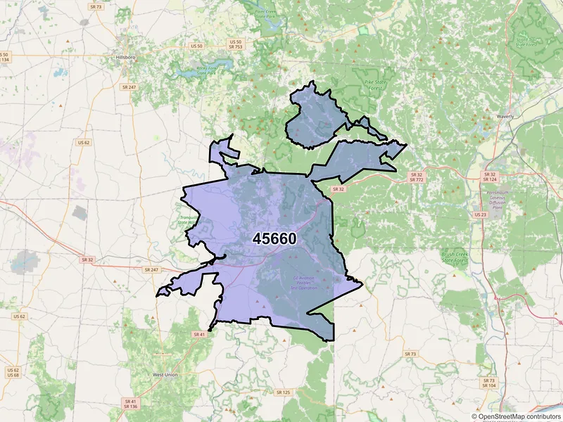 Map of Peebles, Ohio and ZIP codes