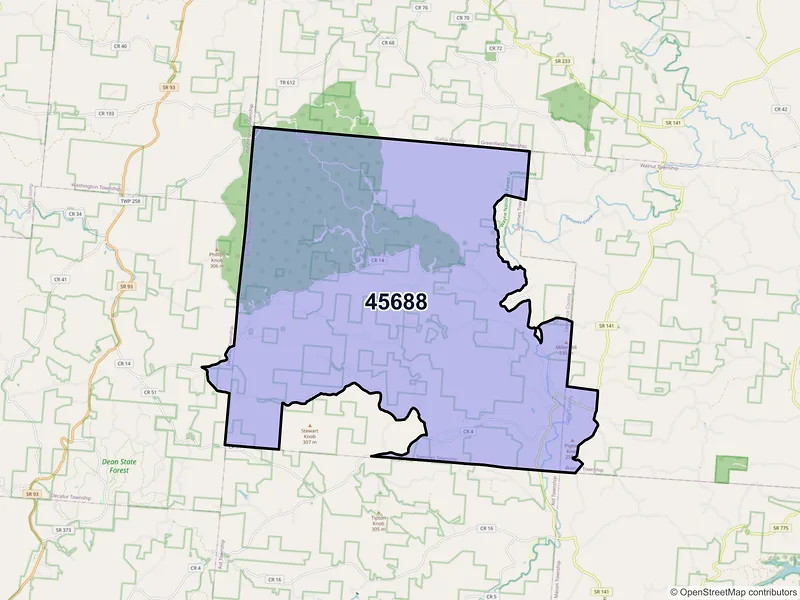 Map of Waterloo, Ohio and ZIP codes