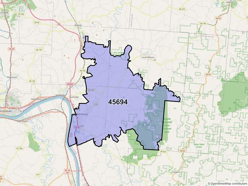 Map of Wheelersburg, Ohio and ZIP codes