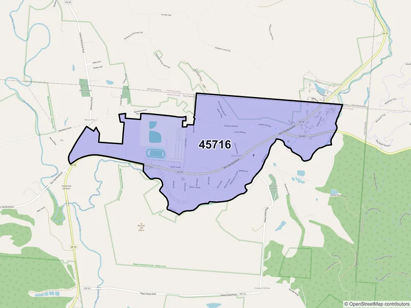 Map of Buchtel, Ohio and ZIP codes