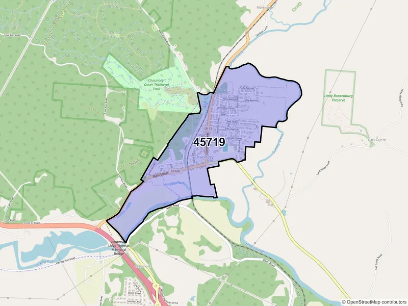 Map of Chauncey, Ohio and ZIP codes