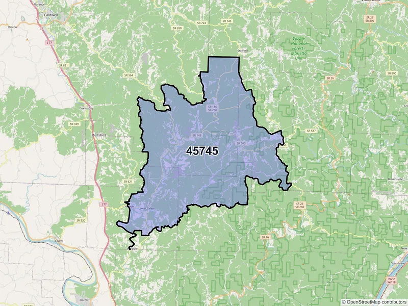 Map of Lower Salem, Ohio and ZIP codes
