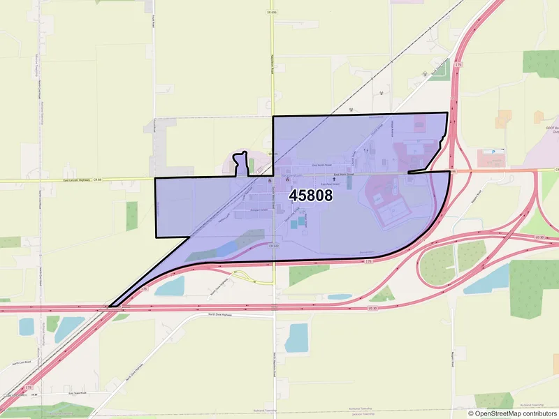 Map of Beaverdam, Ohio and ZIP codes