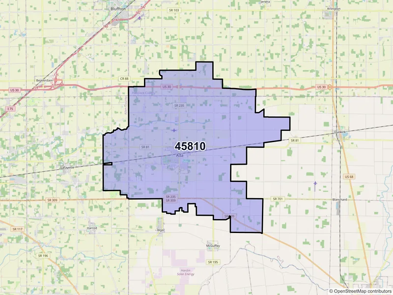 Map of Ada, Ohio and ZIP codes