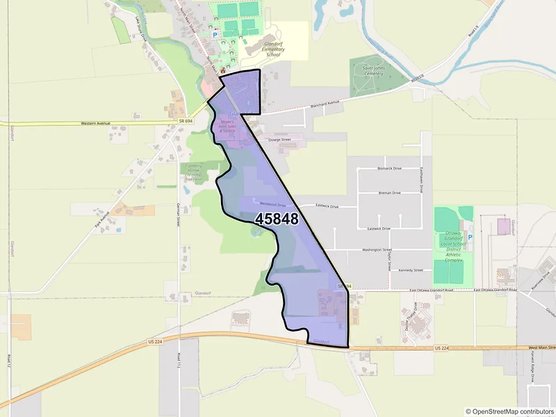 Map of Glandorf, Ohio and ZIP codes