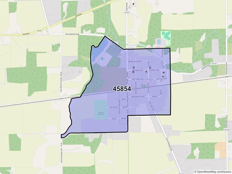 Map of Lafayette, Ohio and ZIP codes