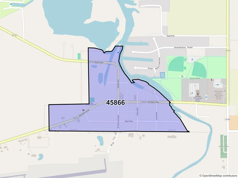 Map of Montezuma, Ohio and ZIP codes