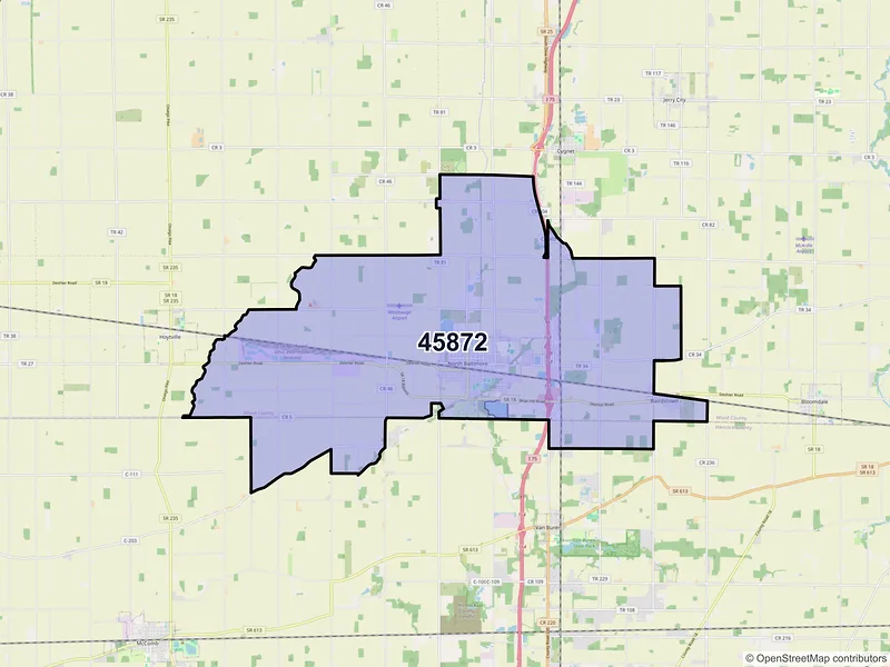 Map of North Baltimore, Ohio and ZIP codes