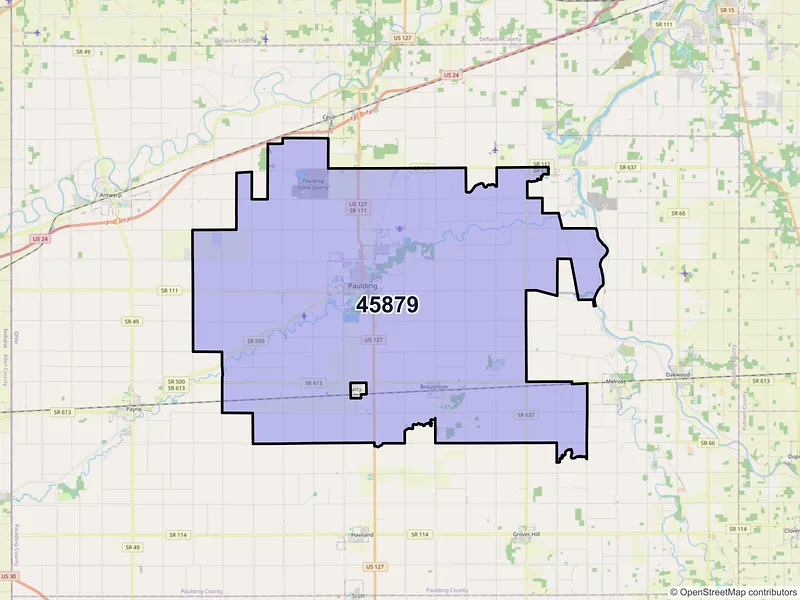 Map of Paulding, Ohio and ZIP codes