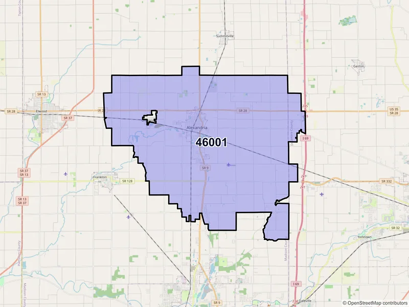 Map of ZIP Code 46001 — Alexandria, IN