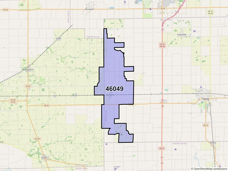 Map of ZIP Code 46049 — Kempton, IN