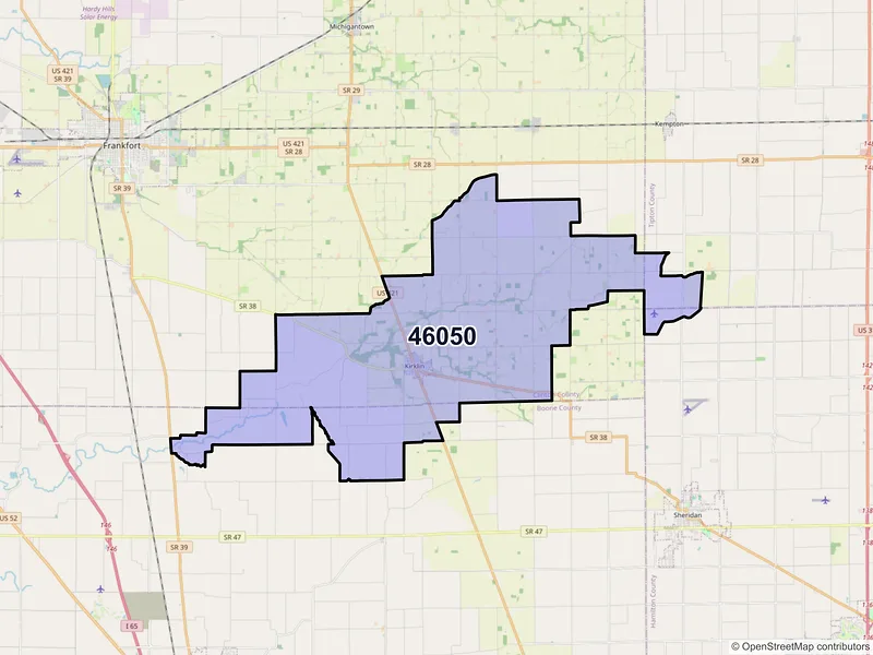 Map of Kirklin, Indiana and ZIP codes