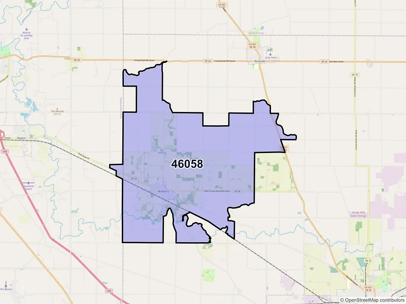 Map of ZIP Code 46058 — Mulberry, IN