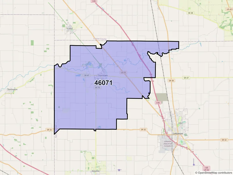 Map of ZIP Code 46071 — Thorntown, IN