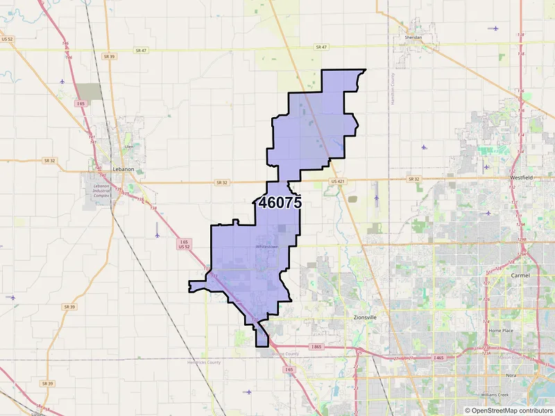 Map of ZIP Code 46075 — Whitestown, IN