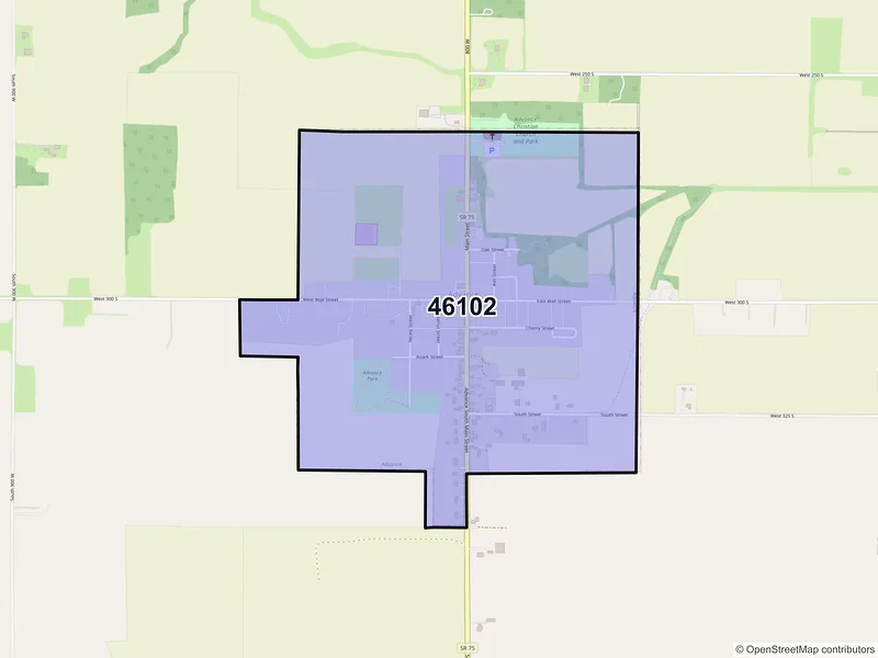 Map of Advance, Indiana and ZIP codes