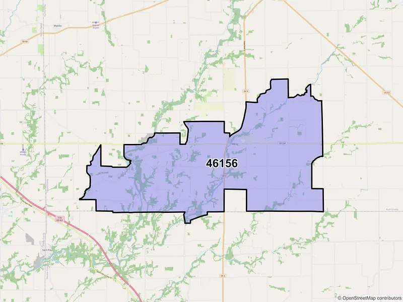 Map of Milroy, Indiana and ZIP codes
