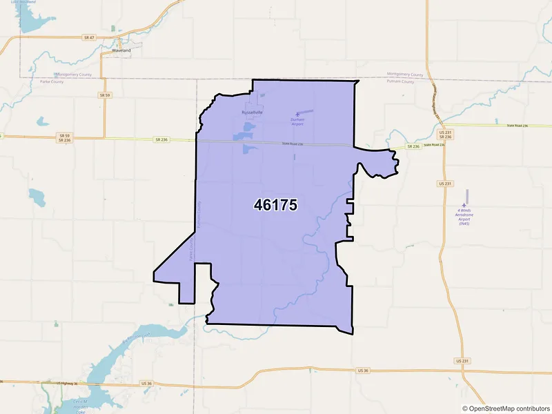 Map of Russellville, Indiana and ZIP codes