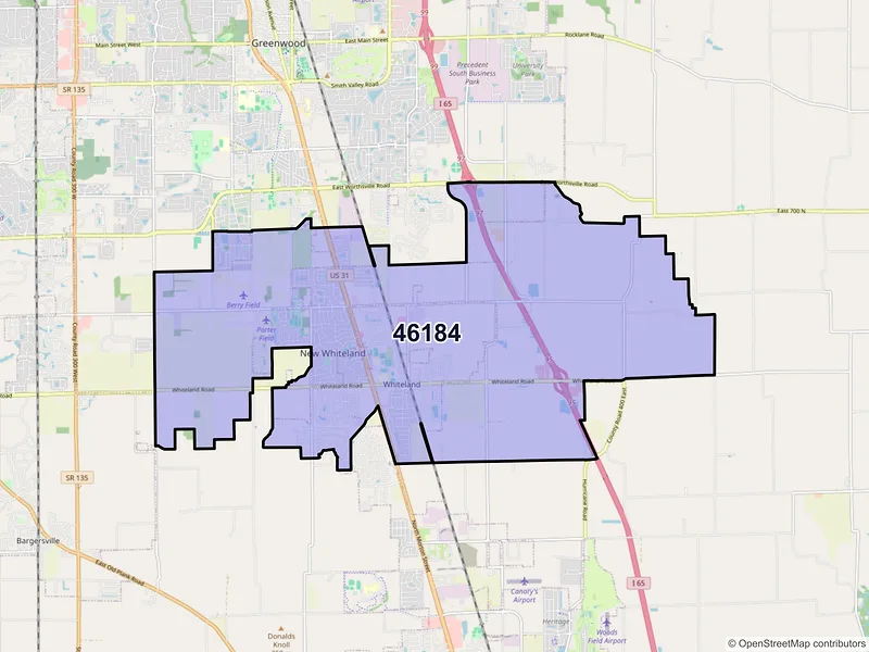 Map of Whiteland, Indiana and ZIP codes