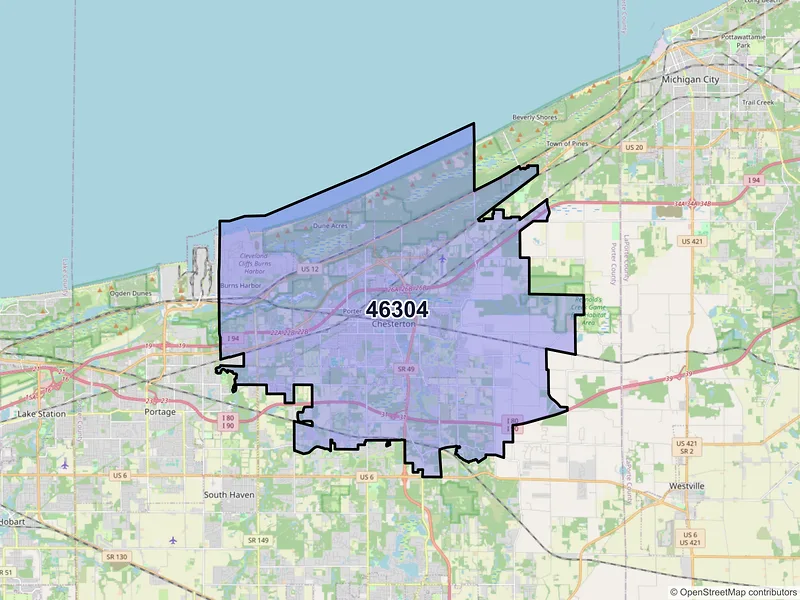 Map of Chesterton, Indiana and ZIP codes