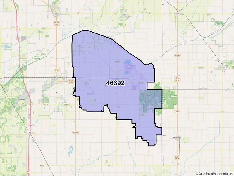 Map of ZIP Code 46392 — Wheatfield, IN