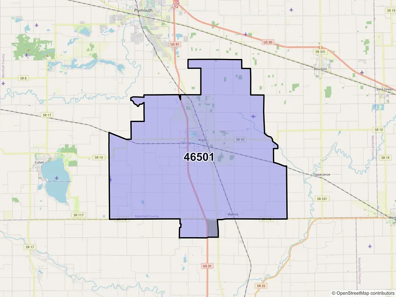 Map of Argos, Indiana and ZIP codes