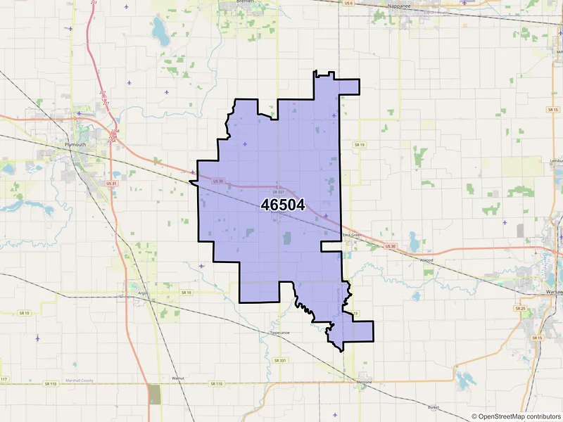 Map of Bourbon, Indiana and ZIP codes